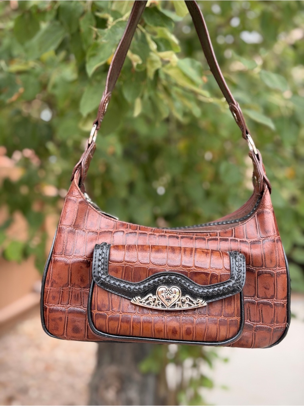 Croc-Embossed Brown Shoulder Bag with Black Trim and Heart Accent